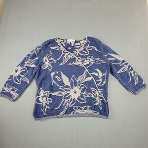 Coldwater Creek Womens V-Neck Long Sleeve Cotton Knit Blue Sweater Large